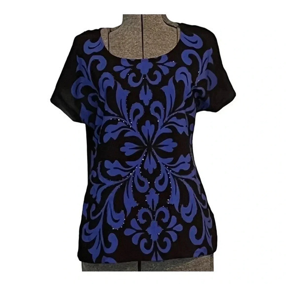 ELLE WOMEN'S COBALT BLUE AND BLACK SPARKLE PATTERN TOP SIZE‎ SMALL - Picture 1 of 6